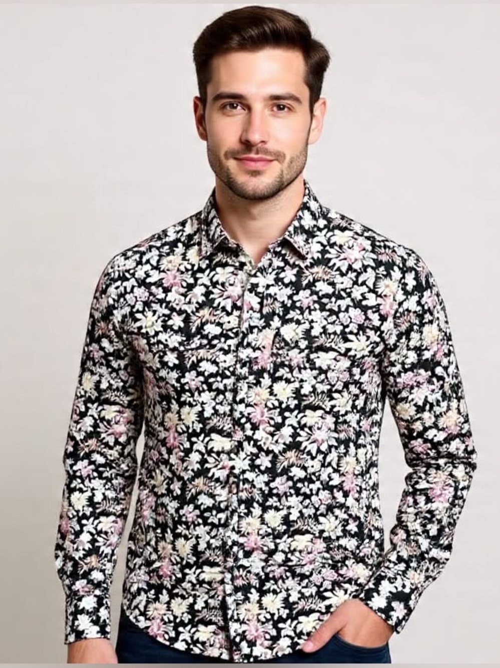 Paisley Gray Floral Slim‑Fit Long‑Sleeve Shirt – Small